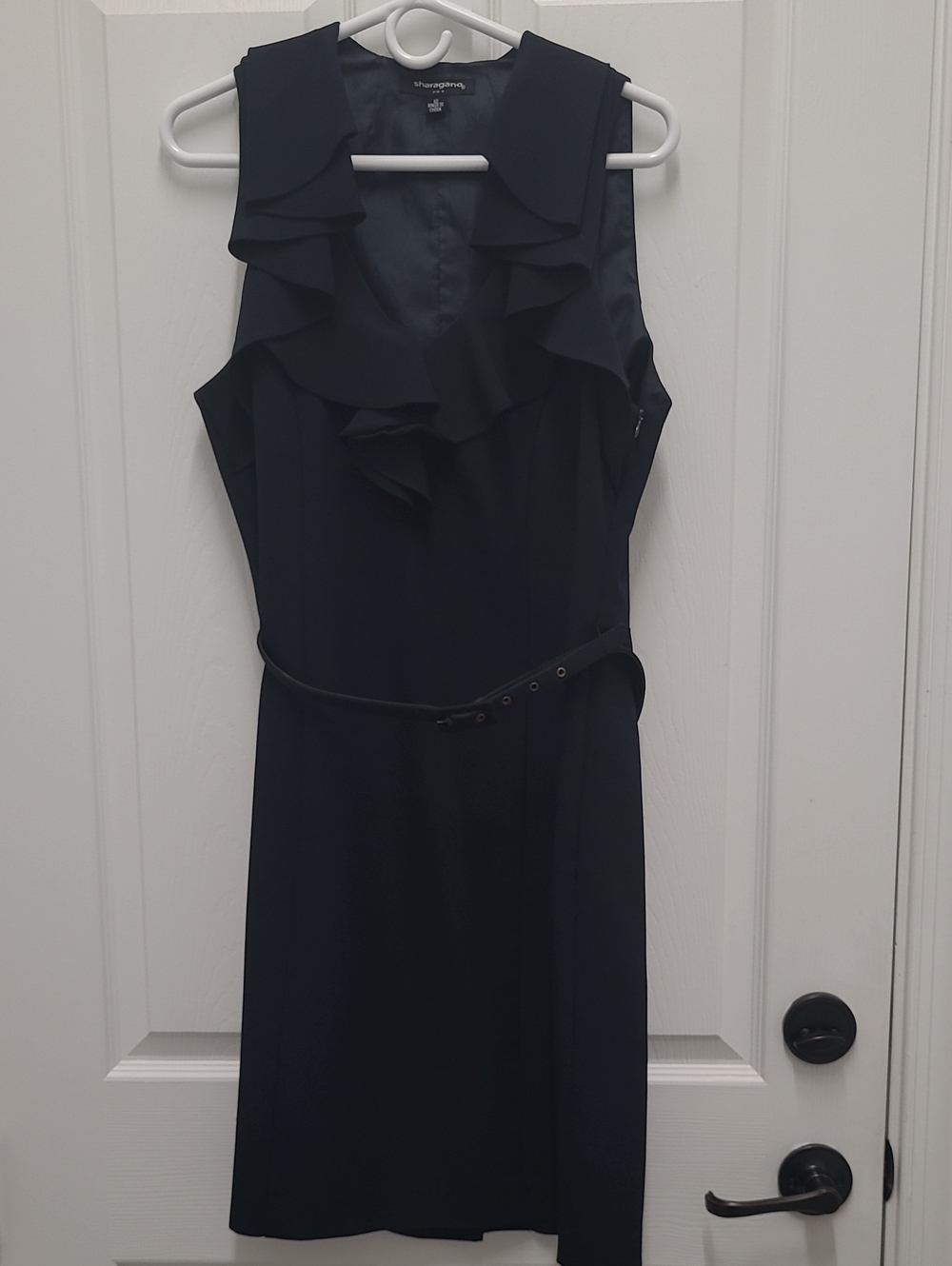 Sharagano Navy Ruffle Sheath Midi Dress with Slim Belt